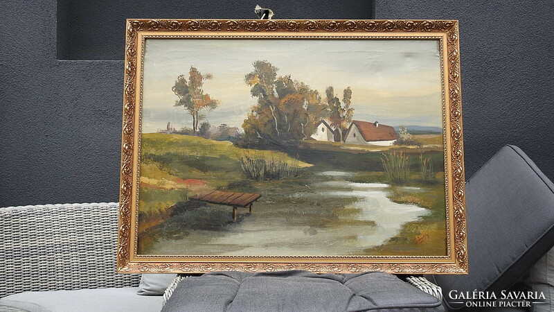 A stream with a pier and a small house. Oil painting, marked, original, flawless work.