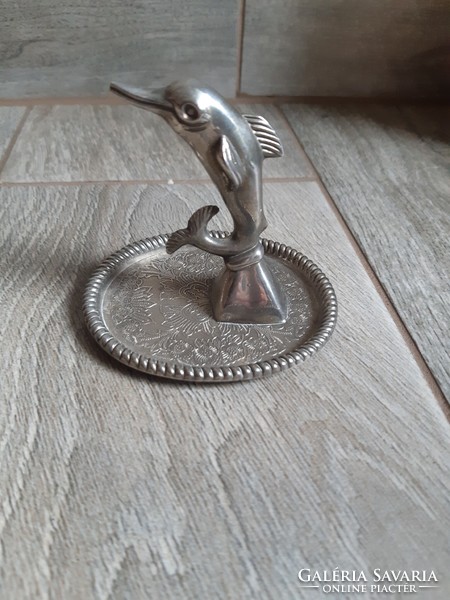 Régi ezüstözött delfines gyűrűtartó tálka (7,5x7,5x8,5 cm)