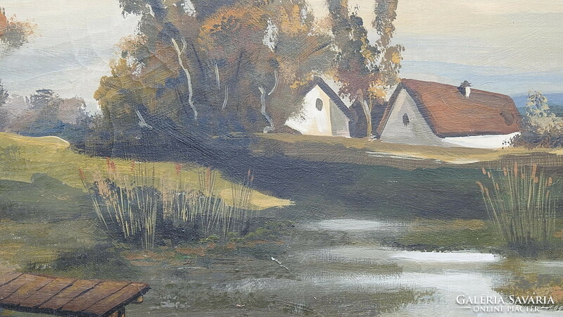 A stream with a pier and a small house. Oil painting, marked, original, flawless work.