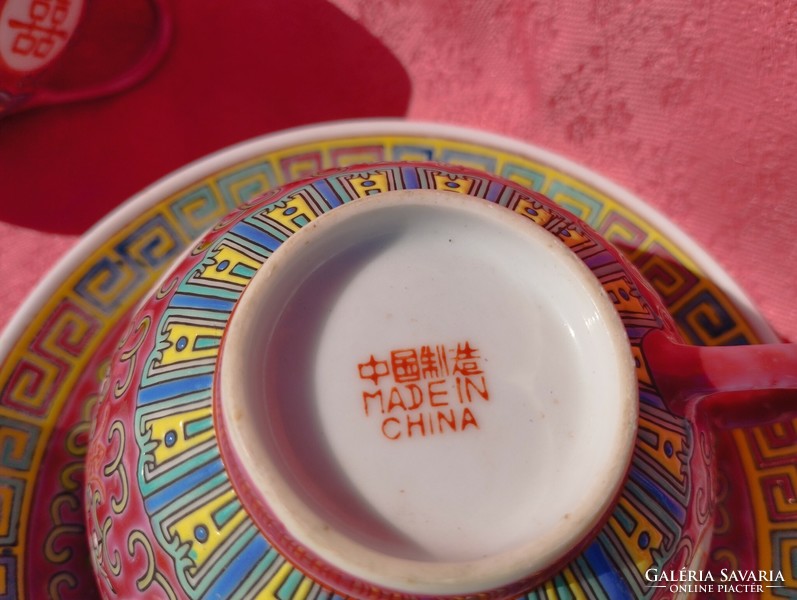 Famille Rose , kínai porcelán kávés csésze aljjal (4+3 db.)