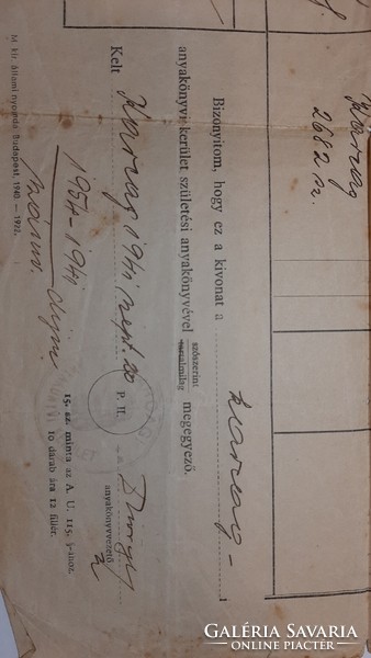 Születési anyakönyvi kivonat Karcag 1921 es bejegyzésekkel 1941 es kiadással