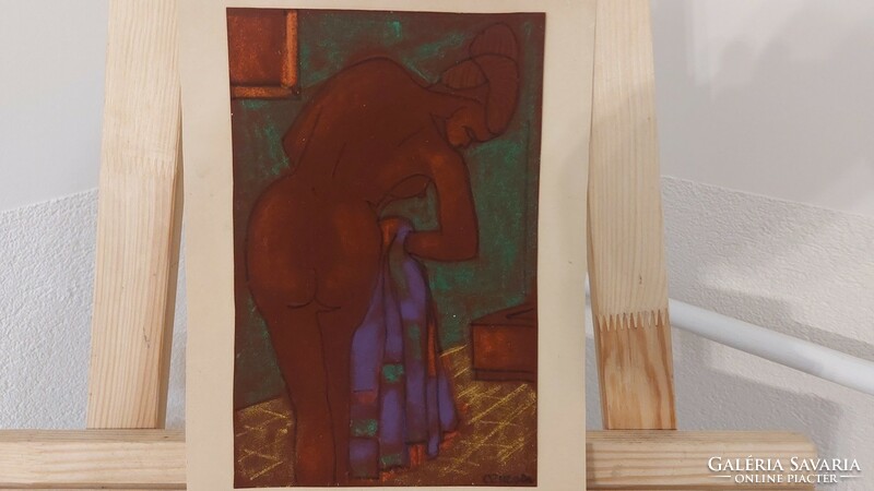 (K) Törülköző akt szignózott kubista festmény 25,5x35 cm kerettel