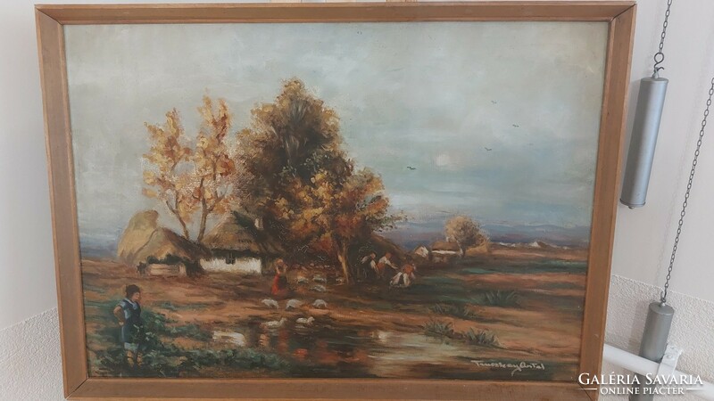 (K) Szép szignózott tanyasi életkép festmény 73x53 cm kerettel