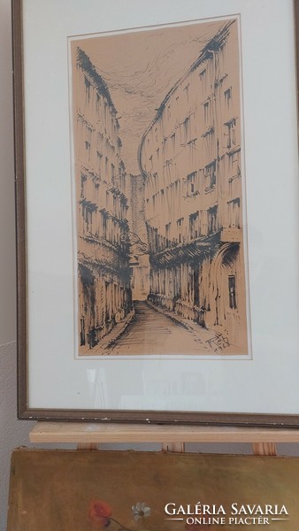 (K) Szép utcakép grafika Réti jelzéssel 55x84 cm kerettel