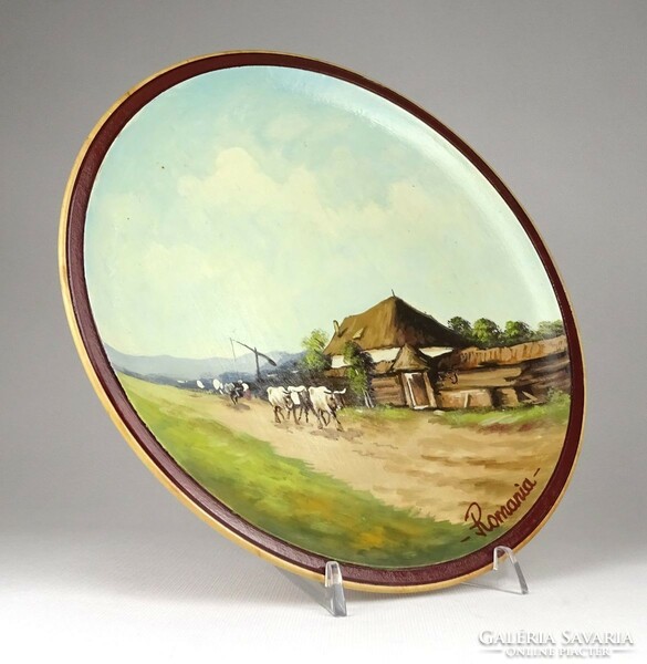 1O878 Tájképes festett fa tányér 26.5 cm