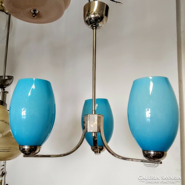 Art deco - bauhaus 3-arm nickel-plated chandelier renovated - blue shades
