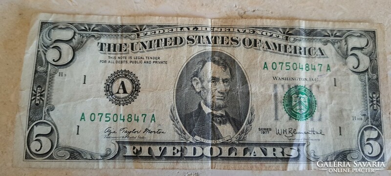 Five dollars 1977 rare green stamp.