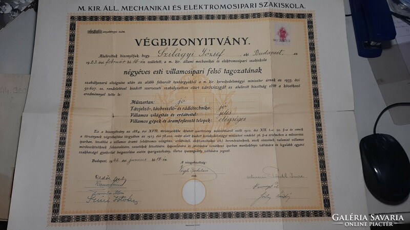 Final certificate m.Kir.All. Mechanical and electrical engineering school 1942