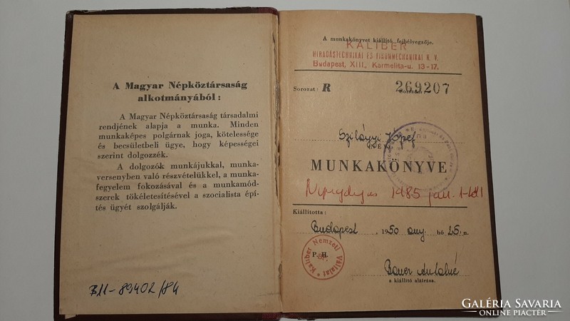 Rákosi címeres Munkakönyv 1950