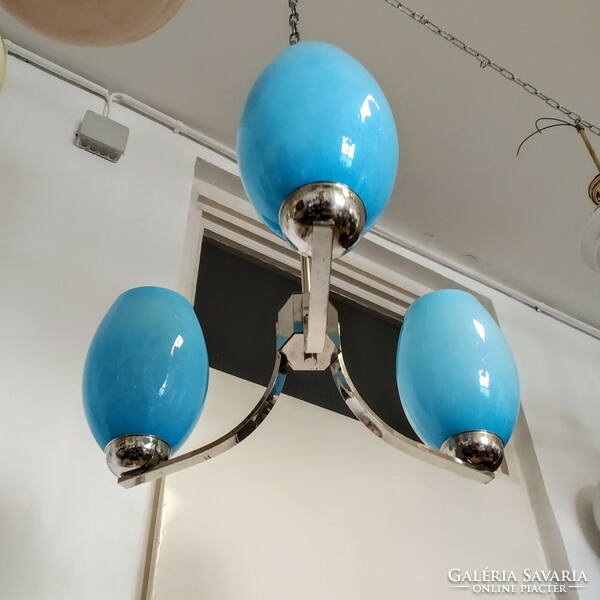 Art deco - bauhaus 3-arm nickel-plated chandelier renovated - blue shades