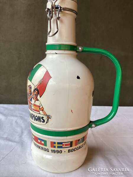 2 Liter beer bottle with buckle 1990 soccer world championship.