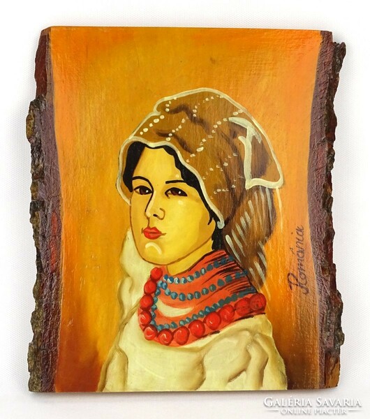 1O879 Female portrait painted on Romanian board 26.5 X 23 cm