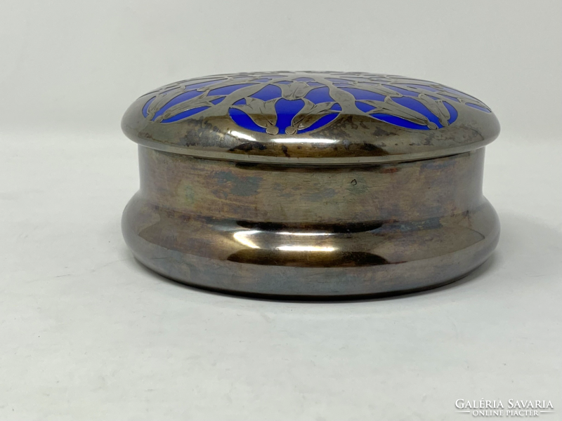 Szecessziós ezüst rátétes kobalt kék porcelán bonbonier
