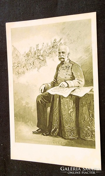 1915 Ferenc József Habsburg King of Hungary + soldier charge original and contemporary postcard