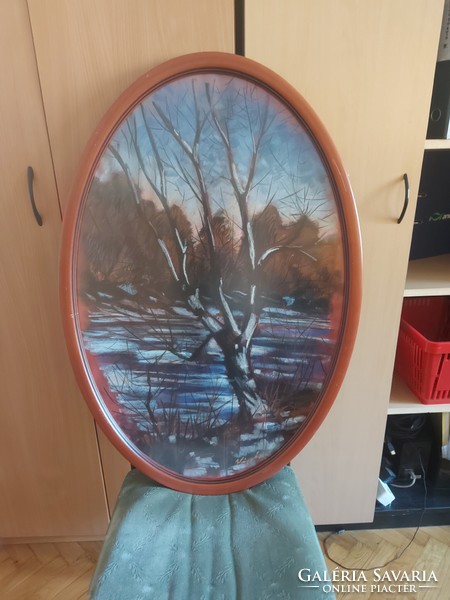Noise on the river, pastel painting, nest size 60x90 cm, in an oval, glazed frame