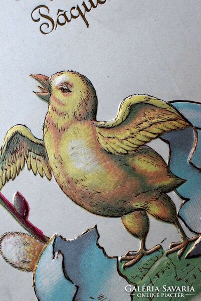 Antik dombornyomott Húsvéti  üdvözlő képeslap tojásból kikelő csibe  barka