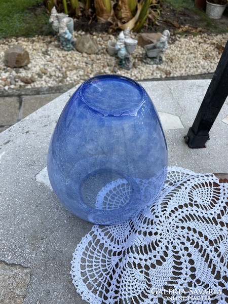 Retro kék  gömb váza repesztett Gyönyörű  Fátyolüveg fátyol karcagi berekfürdői üveg