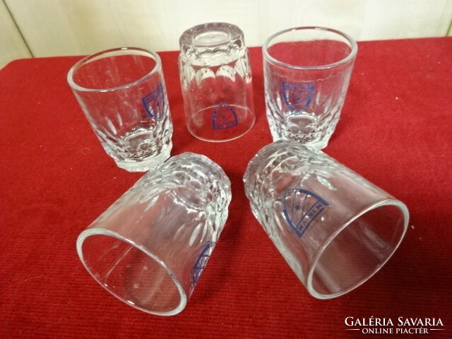 Öt darab pálinkás pohár, MTK VM felirattal, magassága 6,3 cm. Jókai.