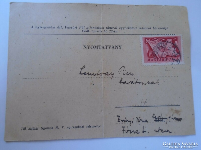 D198516  Postán küldött meghívó - Nyíregyháza Vasvári Pál gimnázium  műsoros búcsxúest 1950 LENDVAY