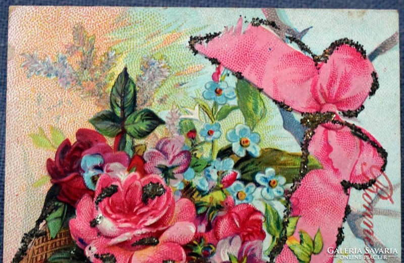 Antik dombornyomott glitteres Újévi üdvözlő képeslap virág kosár