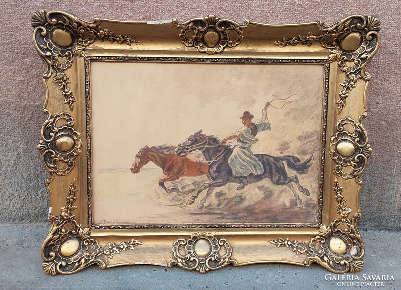 Benyovszky István jelzett, lovas rézkarc blondel képkeretben, 58,5x73,5 cm