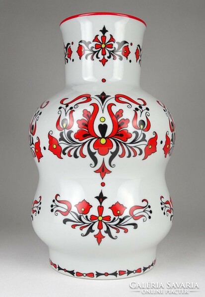 1O856 Nagyméretű népi motívumos Zsolnay porcelán váza 30 cm
