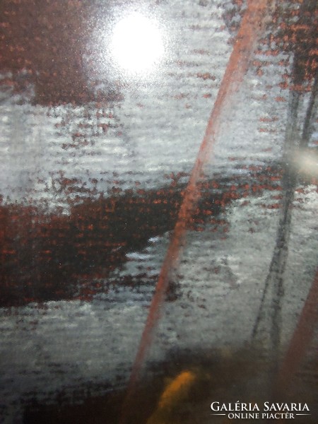 Zajlás a folyón, pasztell festmény, 60x90 cm fészekméret, ovális, üvegezett keretben