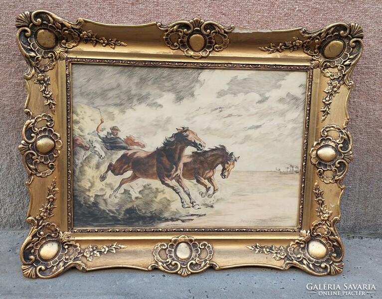 Benyovszky István jelzett, lovas rézkarc blondel képkeretben, 58x73 cm
