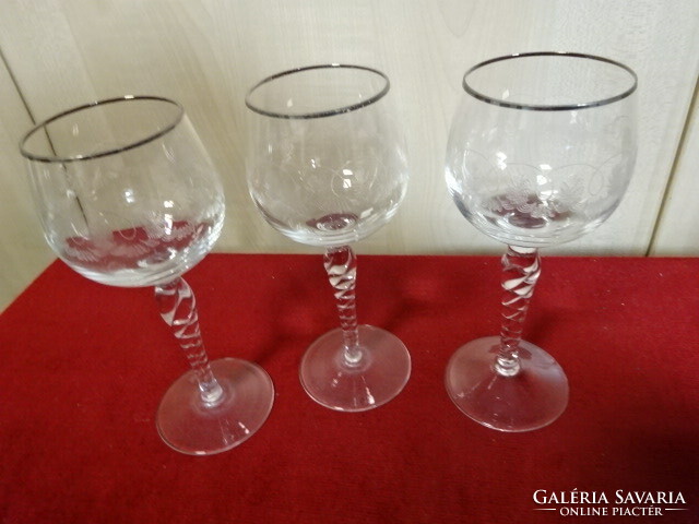 Crystal goblet with foot, twisted stem, silver edge, sold as a set of three. Jokai.