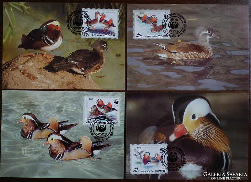 1987. North Korea - mandarin ducks stamp series on 4 postcards (cm)
