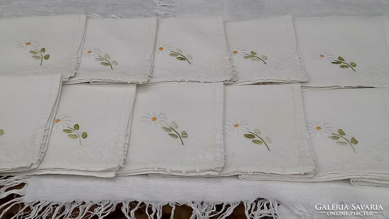 12 Pcs. Table napkins decorated with antique lace and embroidery