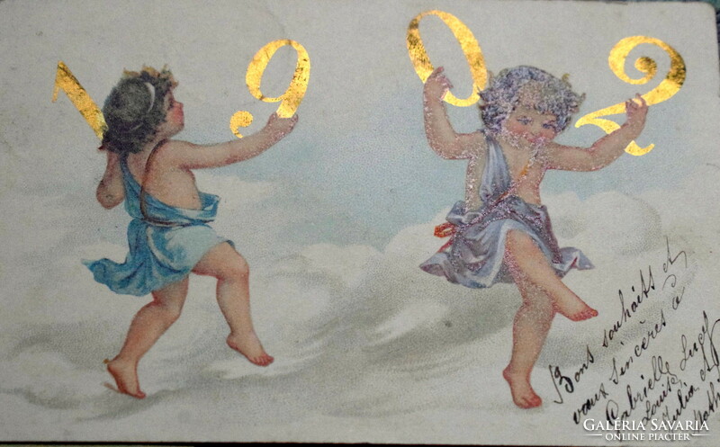 Antik Újévi üdvözlő litho képeslap  arany1902. évszámmal táncoló kisgyerekek