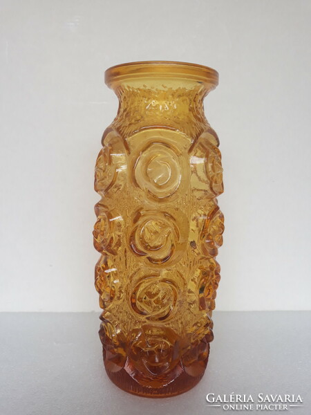Vintage Laura Glassworks virágos borostyán színű üveg váza