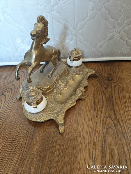 Copper inkstand with prancing horse.