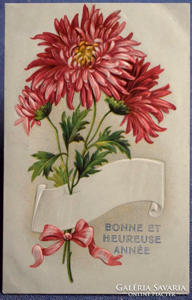 Antique embossed New Year greeting card chrysanthemum