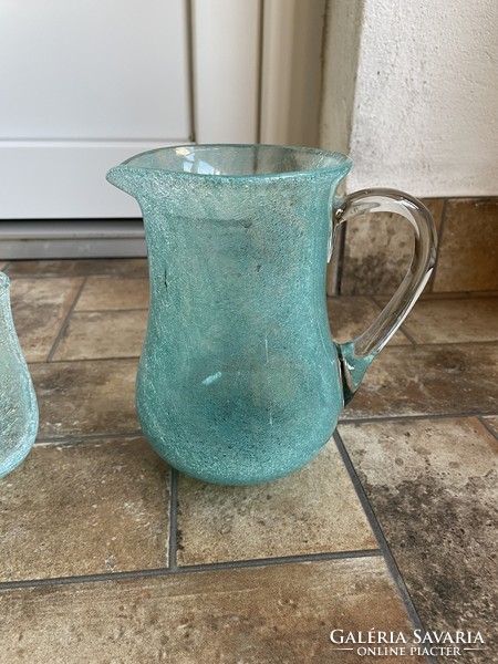 Retro ritka kék türkisz kancsó pohár repesztett Gyönyörű  Fátyolüveg fátyol karcagi berekfürdői üveg