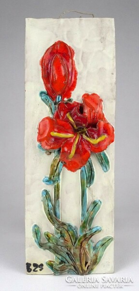 1O897 Zsuzsa Balogh wall ceramic with flower decoration 28 x 10 cm