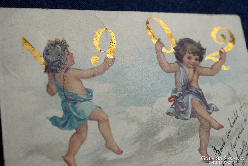 Antik Újévi üdvözlő litho képeslap  arany1902. évszámmal táncoló kisgyerekek