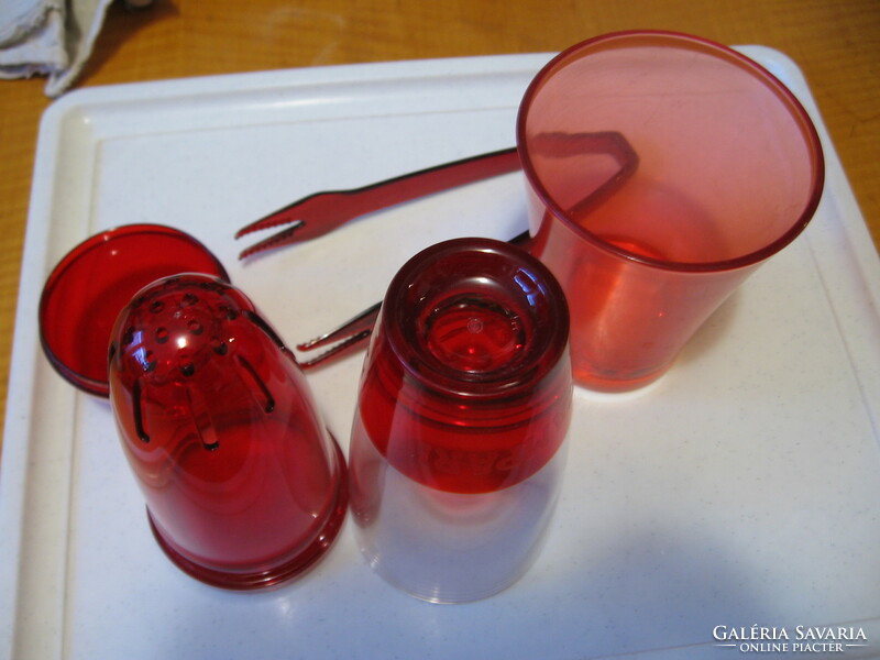 Retro red Campari cocktail mixer, Guzzini design, with ice tweezers and glass