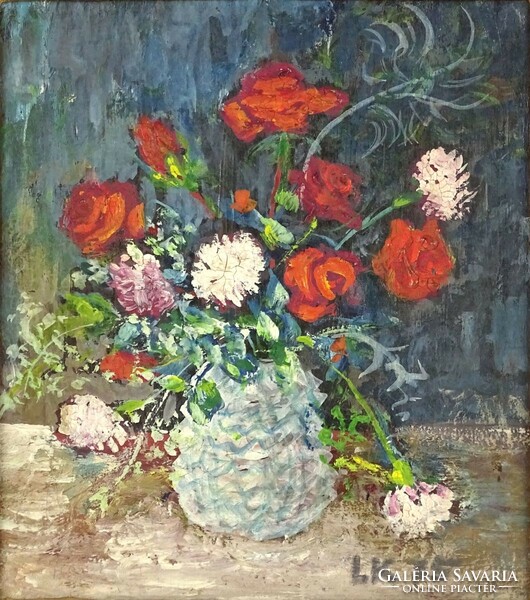 1O933 xx. Century painter: table still life with flowers, 1975