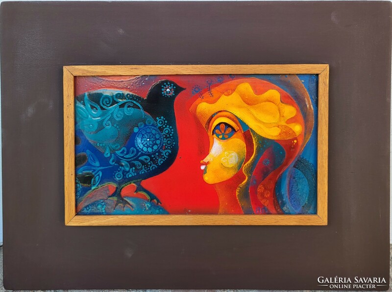 Béni Mária - girl with a bird c. Fire enamel mural with juried industrial art original guarantee!
