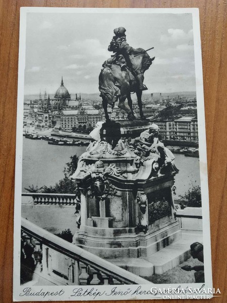 Old postcard, Budapest, landscape with a statue of Duke Jenő, the State House in the background, stamp 1932