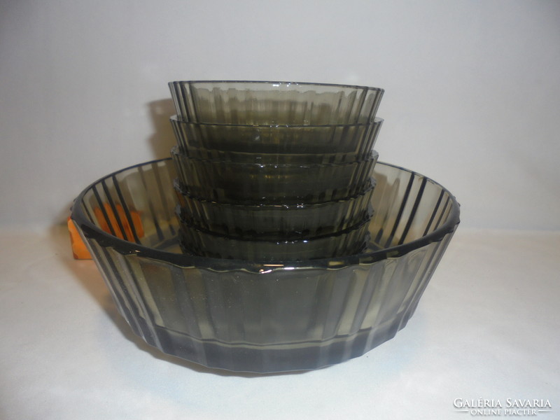 Smoke-colored glass compote set - large bowl + six small bowls