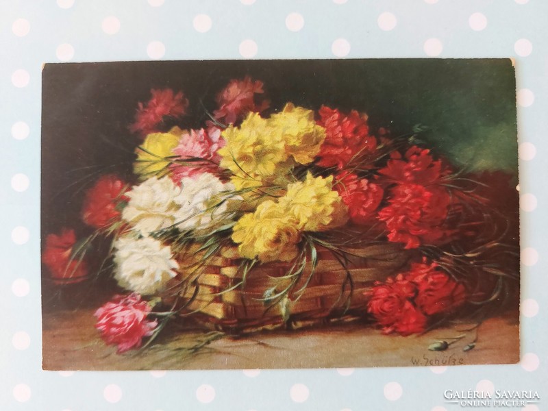 Régi képeslap virágos levelezőlap csendélet szegfű kosárban