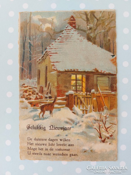 Régi újévi képeslap levelezőlap őzike havas táj