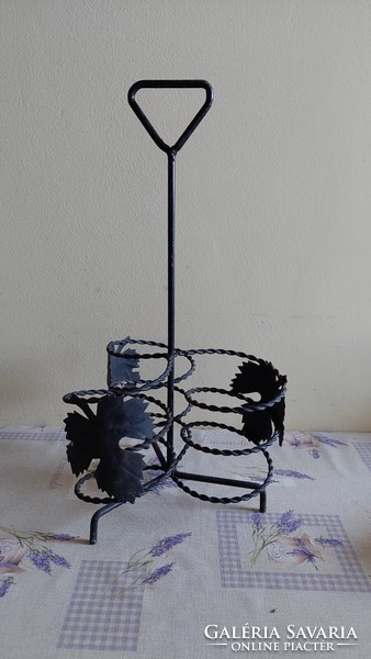 Retro wrought iron triple bottle holder with grape leaf pattern