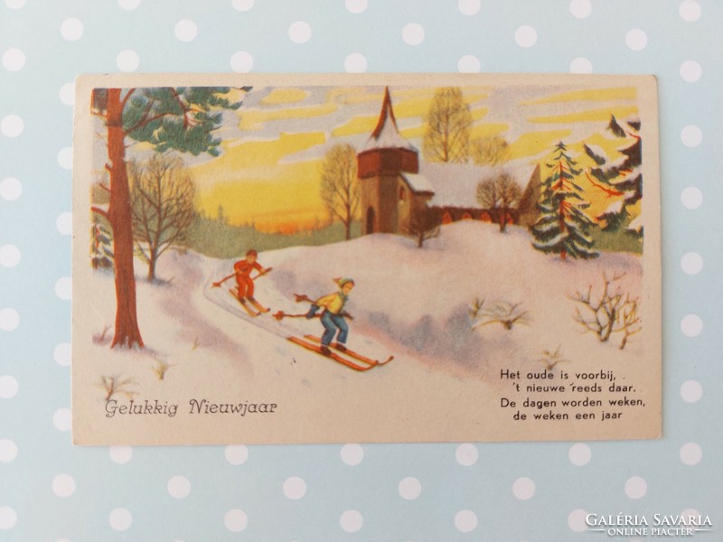 Régi karácsonyi képeslap levelezőlap síelő gyerekek
