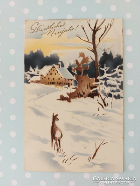Régi karácsonyi képeslap 1930 levelezőlap őzike havas táj
