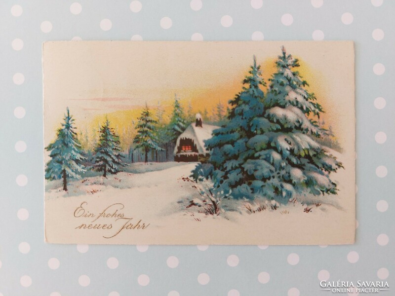 Régi képeslap 1928 karácsonyi levelezőlap házikó havas erdő