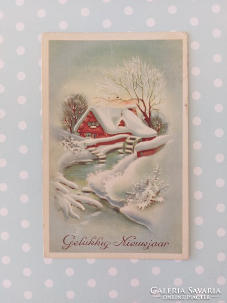 Régi képeslap karácsonyi levelezőlap házikó havas táj